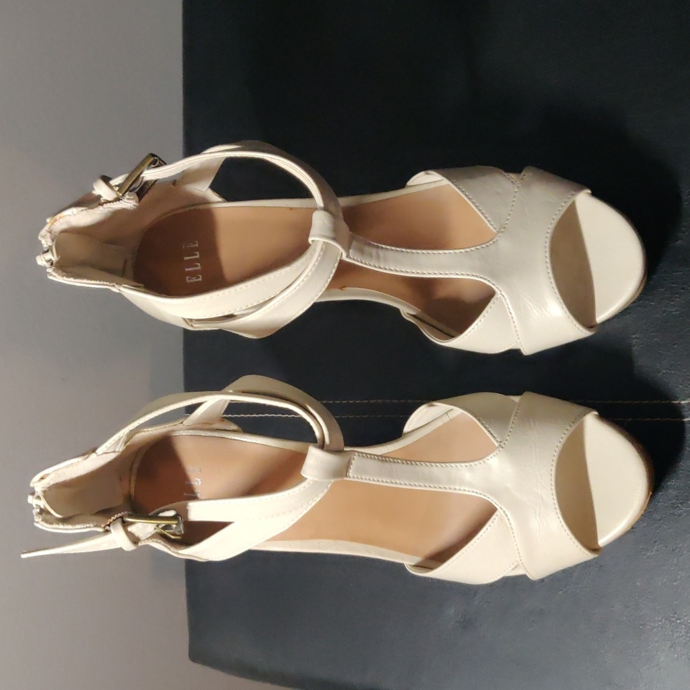 Elle T-Strap Platform Beige Heeled Sandals 8.5